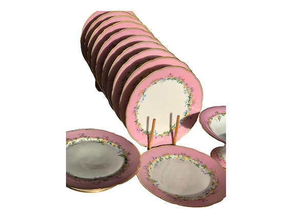 Antique French Old Paris Pink Dessert Set w Hand Painted Floral Garland w Scalloped Gilt Trim, Timeless Elegance, Heirloom Quality, C 1800s