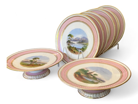 1860 Soft Pale Pink English Dessert Set w Hand Painted White Jeweled Beading and Gilded Accents, Timeless and Heirloom Quality