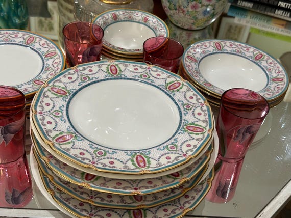17Pc Antique Royal Doulton Dinnerware Set, Periwinkle Blue with Pink Medallions, Neoclassical Styling  (1915)