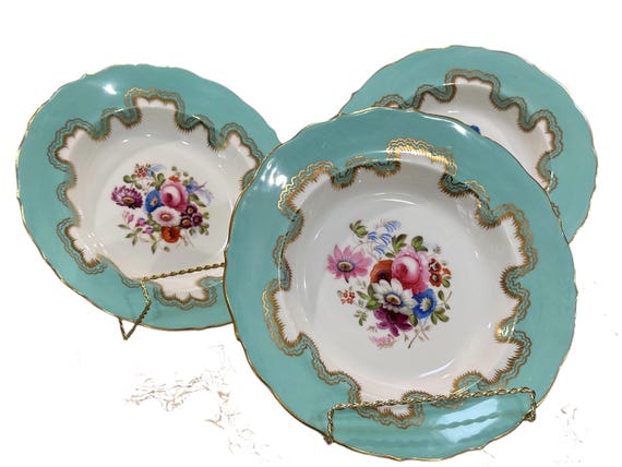 Rare Samuel Alcock Botanical Soup Plates: Antique Aqua Border Gilded Scalloped Rims 1822 1859