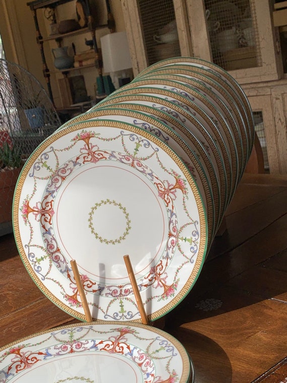12 Antique Tiffany Royal Worcester Dinner Plates, Neoclassical Style,  w  Hand Painted Pink Roses, Urns and Blue Scrolls, Circa 1915