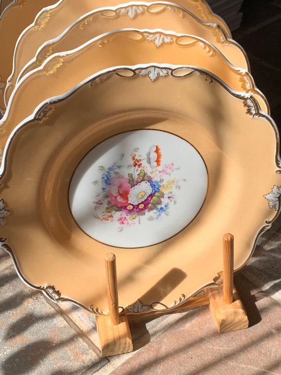 7 Rare Antique English Botanical Dessert Plates w Peach Border, Hand Painted Floral Center, Gilded Scalloped Rims, Cottage Style, C 1800s