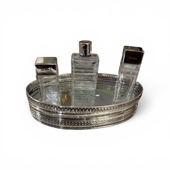 19th Century Silver-Plated Tray Man Three-Piece Sterling Silver Crystal Vanity Set