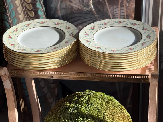 Antique Minton Dinner Plates, Hand-Painted Roses, Jeweled Border, Set of 17