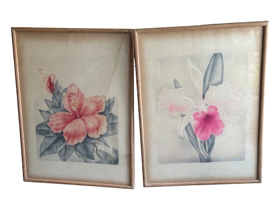 Pair Hawaiian Pink Floral Watercolors, Wooden Frame, Soft Colors, Artist Signed, Ready to Hang, Living Room, Garden Room, Bedroom, C 1941