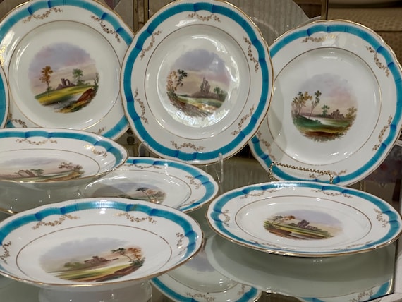 1800s Old Paris Dessert Set with Turquoise French Ribbon 11 pieces