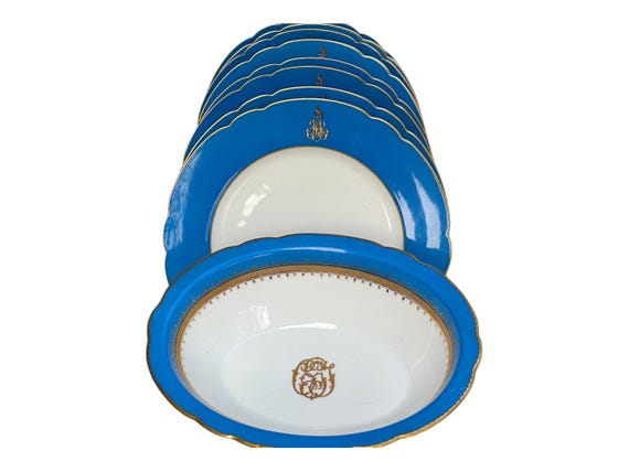 Antique French Monogrammed Dessert Plate8 Piece Julien Fils Aine China Set with Blue Border 1855