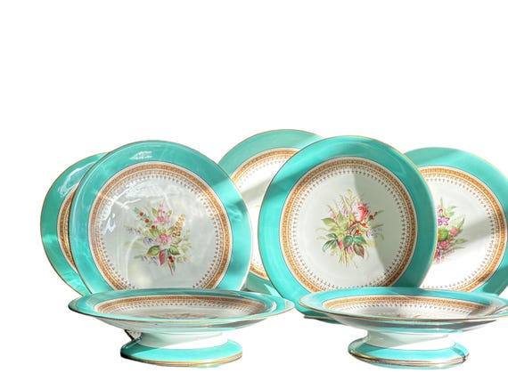 Antique Aqua Royal Worcester Botanical Dessert Set  w  Hand Painted Florals, 5 Dessert Plates, 2 Cake Stands, Gilded Rims, C 1800s