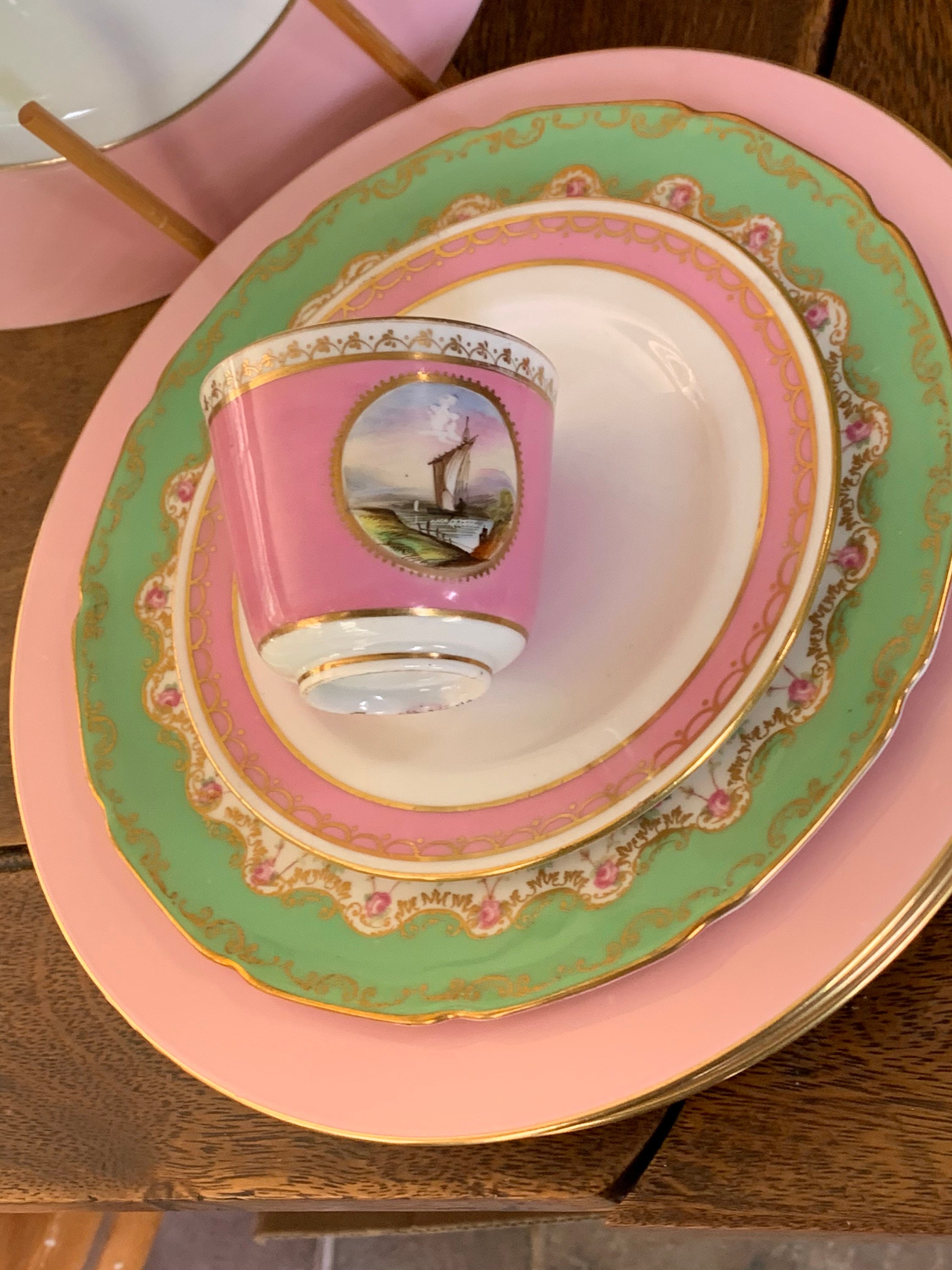 14 Vintage Pink Dinner Plates w Gilt Edge Etsy
