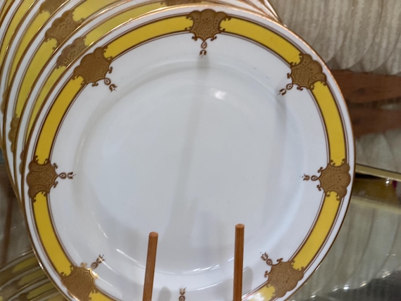 Antique 1800s English Dinner Plates: Embossed Gilded Medallions and Trim with Yellow Border