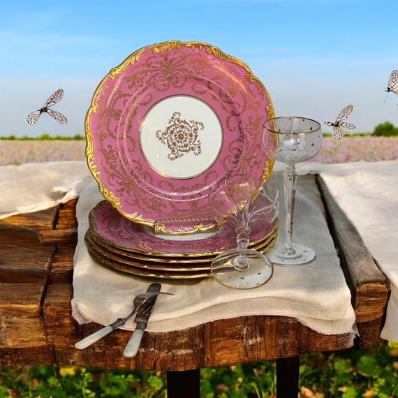 5 Vintage Coalport Dinner Plates: Bone China with Elaborate Gilt Overlay and Rims, Circa 1960s