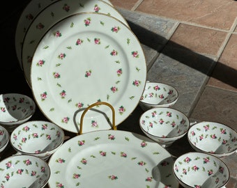 12Pc Antique Minton China Set w Hand Painted  Enameled Pink Roses, Spring Vibes, 4 Dinner Plates, 8 Teacups, Timeless Charm, Circa 1928