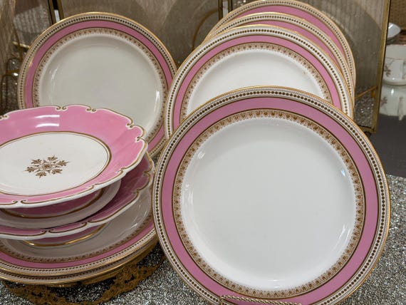 Antique Grainger Worcester Dinner Plates, Pink & Gilt, Set of 7