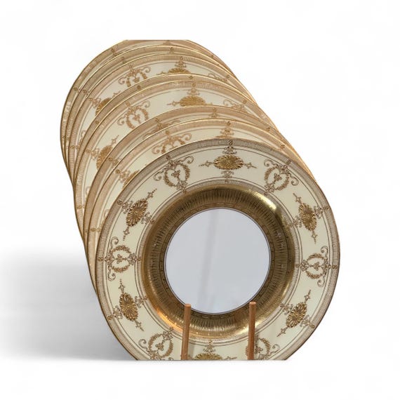 Vintage 1926 Royal Worcester Gold-Encrusted Dinner Plates Set:Antique Luxury Porcelain Tableware