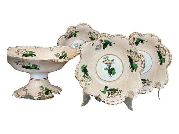 Four Antique English Serving Pieces, Rich Cream Ground, Florals with Deep Green Leaves, One Tal Compote, Three Serving Dishes, Holiday Table