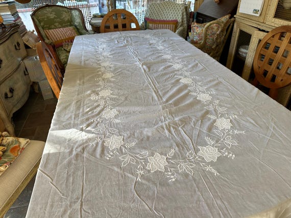 Vintage Embroidered Organdy Tablecloth: Scalloped Edges Floral Heirloom for Weddings and Formal Dining