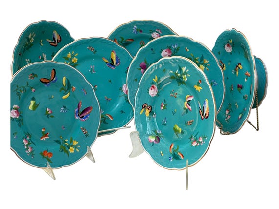 Vintage Royal Worcester Turquoise Dessert Set: 5 Plates 2 Compotes Floral and Butterfly Design