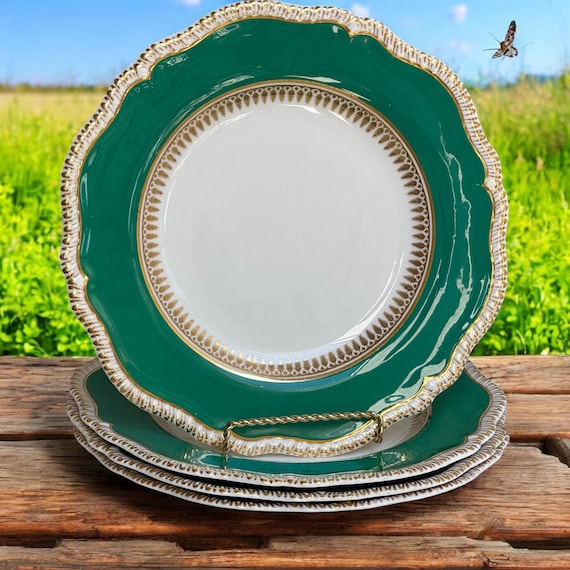 Elegant Antique China Plates with Green and Gilt Accents for Special Occasions