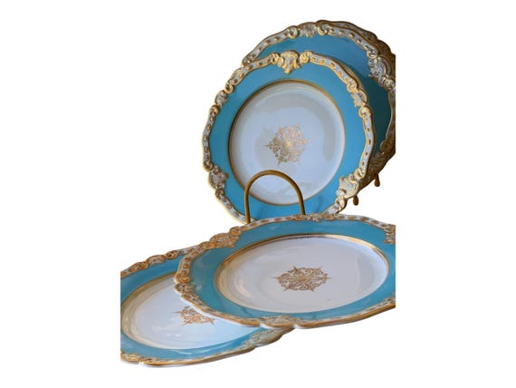 Rare 1846 Chamberlain Worcester Dinner Plates: Celeste Blue Border Gilded Scalloped Rims Medallion center