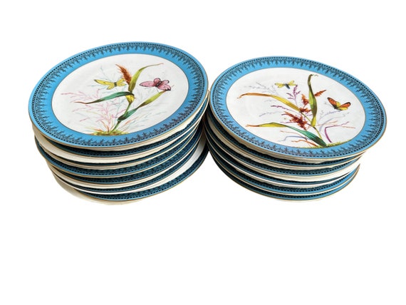 12 Antique Blue Botanical Dessert Plates  Hand Painted Grasses Butterflies Family Heirloom China Set Gift for Newlyweds
