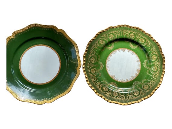 2 Antique French Limoges Dinner Plates w Deep Rich Green Borders, Wide Embossed Gilded Rims, Holiday Table, Heirloom Quality, C 1891 1932