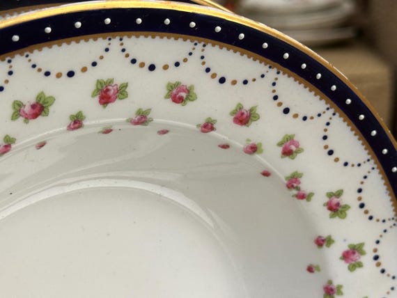 Antique George Jones China Set: 10 Soup Plates with Enameled Pink Roses White Jeweling Family Heirloom Christmas Gift for Collector