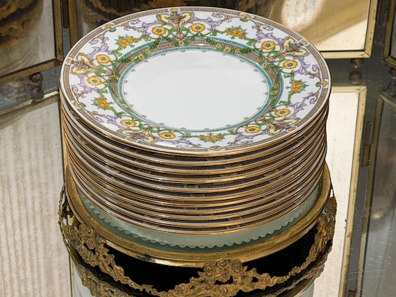 1900 Minton Dessert Plates: Neoclassical Lavendar Scrolls, Urns and Golden Florals