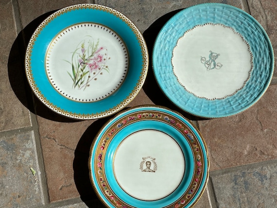 Antique 1850 Celese Blue Dessert Plates with Handpainted Crest and Gilded Rims
