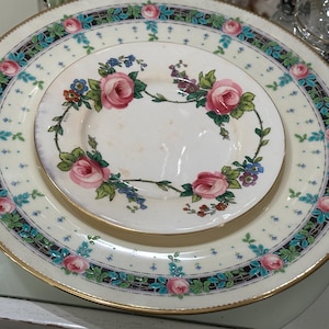 1916 Minton China Set: Enameled Pink Roses Gilded Trim