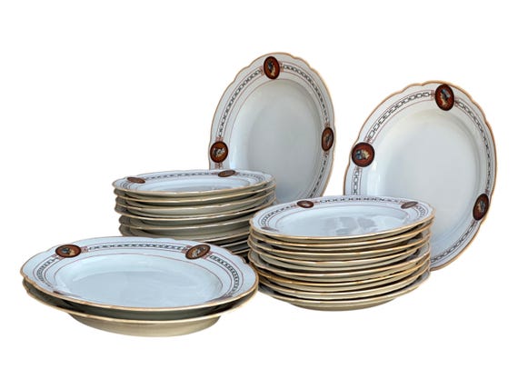 Antique French Old Paris Dinner Service: Greco-Roman Heads Wedding and Event Buffet Set (1900s)