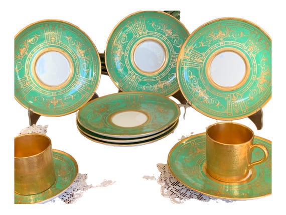 Antique Minton China Set, 8 Green Saucers, Tiffany New York w Encrusted Gilded Border,  2 Fully Gilded Teacups,T Goode London