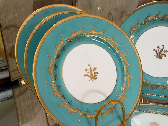 Vintage Minton Aqua Dinner Plates with Gilt Detailing Neoclassic Design