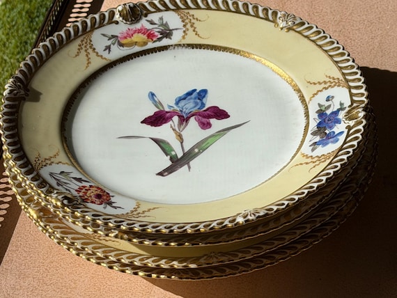 1820 Chamberlain Worcester Floral Dessert Plates: Pale Yellow Border Gilded Gadrooned Rims