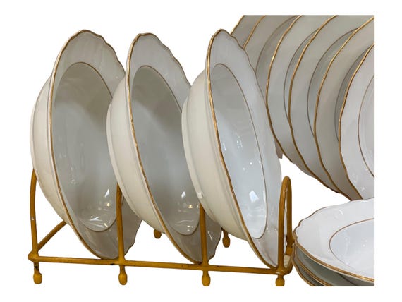 12Pc Rare 19th Century Meissen Soup Plate and Underplate Set w Crisp White Ground and Gilded Scalloped Rims , Wedding China, Circa 1774 1914