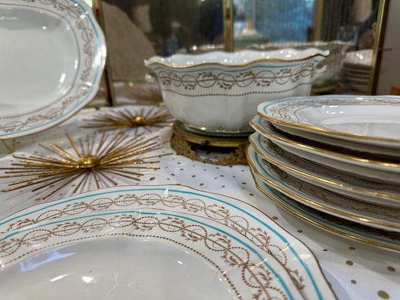 Antique 1900 Royal Crown DerbyChina Set 12pc with Turquoise Gold Design