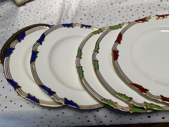 Vintage Coalport Dinner Plates Set: 1940s Multi-Colored Leaf Design English China 5 Pieces