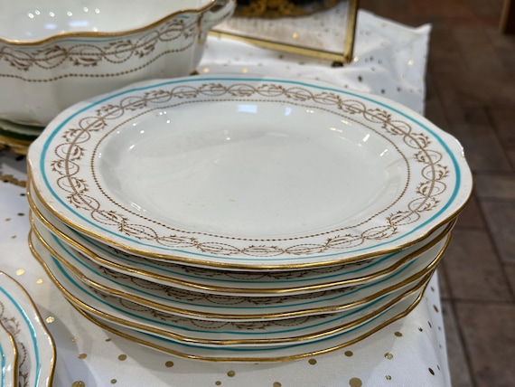 1900 Royal Crown Derby Turquoise China Set 12pc with Gold Design
