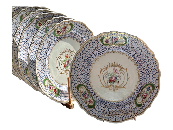 Antique English Blue Soup Plates with Floral Medallions 1820s