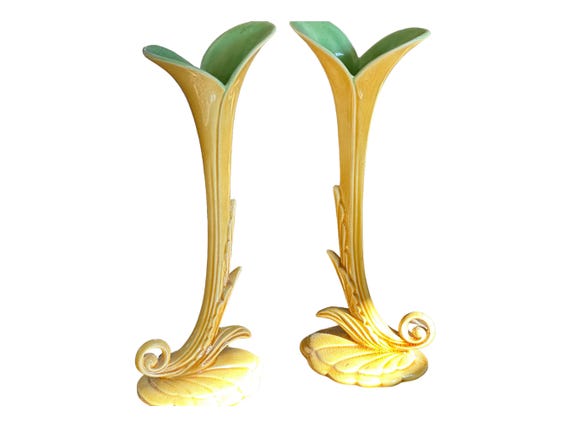 Vintage Pair Candleholders, Two-Toned Golden Yellow Exterior, Green Interior