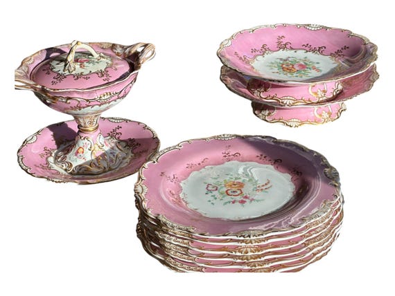 12-Piece Vintage Botanical Pink Dessert Set with Compotes and Tureen 1873
