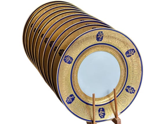 10 Antique FrenchArt Deco Limoges Dinner Plates Wide Embossed Gilded Border Holiday Table, Circa 1910