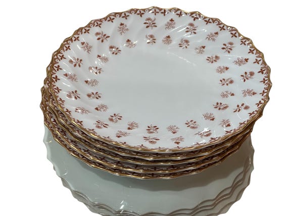 Antique1890 Copeland Spode China Dessert Set: Brown Floral Gilded Rims 5 pieces