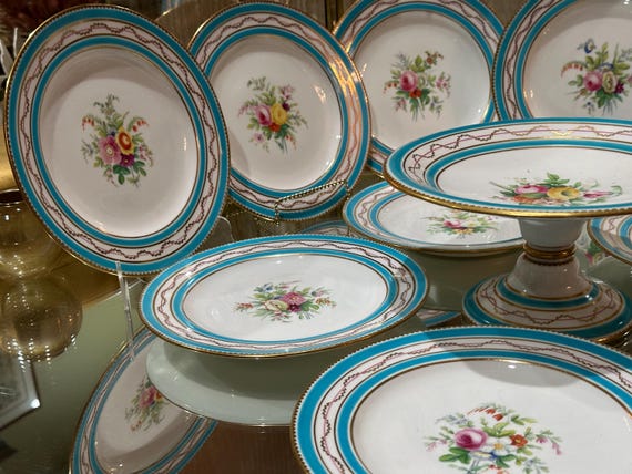 1845 Turquoise Minton Botanical Dessert Set with Floral Center and Gilded Details