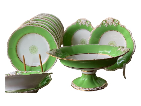 13Pc Rare Antique Apple Green English Dessert Set, Service for 8 w  4 Matching Compotes,  1 Large Compote, Heirloom Quality, Circa 1800s