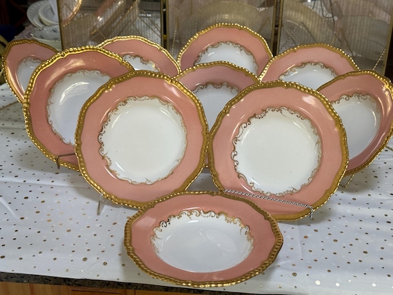 9 Antique Copeland Spode Dessert Plates with Fluted Gilded Turquoise Rims Hand Painted Florals Family Heirloom Plates Gift for Her C 1893