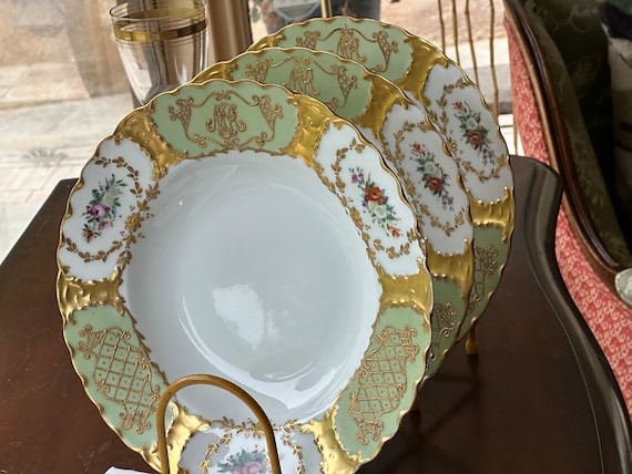 Antique Limoges Soup Plates (Set of 3): Hand Painted Florals, Heavy Gilding