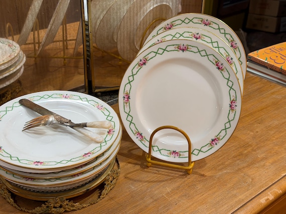 Vintage Green Minton Dessert Plates Enameled Pink Roses Spring Entertaining