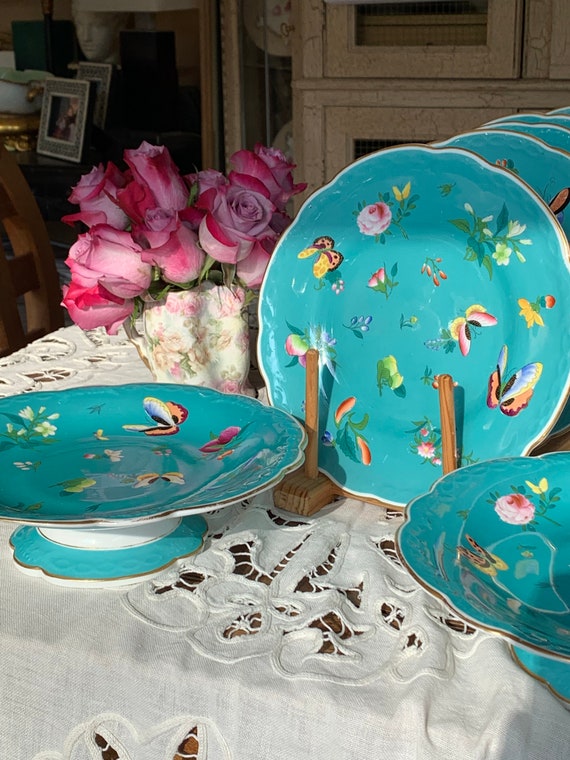Vintage Royal Worcester Turquoise Dessert Set: 5 Plates 2 Compotes Floral and Butterfly Design