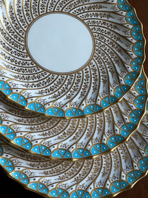 3 Antique Copeland Spode Dessert Plates with Celeste Blue Rims Heavy Gilt Embellishments Scalloped Family Heirloom  Circa 1890s