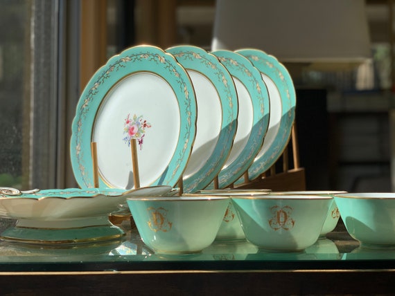 Antique Samuel Alcock Green Botanical Dessert Plate Set with Serving Dish